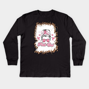 Pink Out Breast Cancer Football Bleached Leopard Messy Bun Kids Long Sleeve T-Shirt